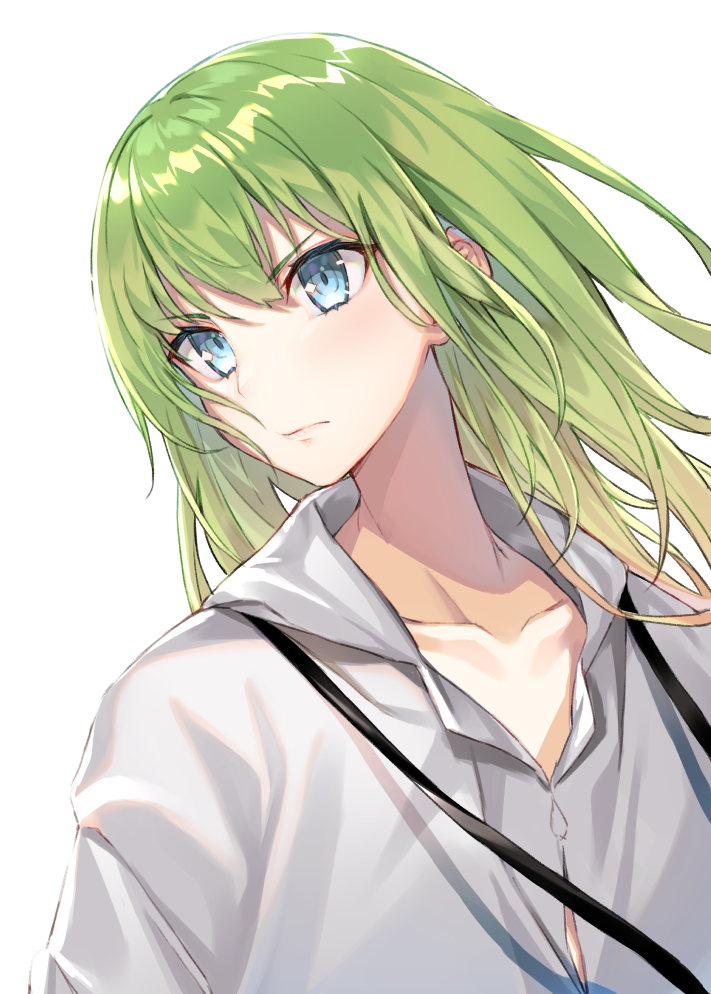 1other bangs blue_eyes closed_mouth enkidu_(fate/strange_fake) eyebrows_visible_through_hair fate/strange_fake fate_(series) green_hair hair_between_eyes hakuishi_aoi long_hair looking_away looking_to_the_side robe simple_background solo white_background white_robe