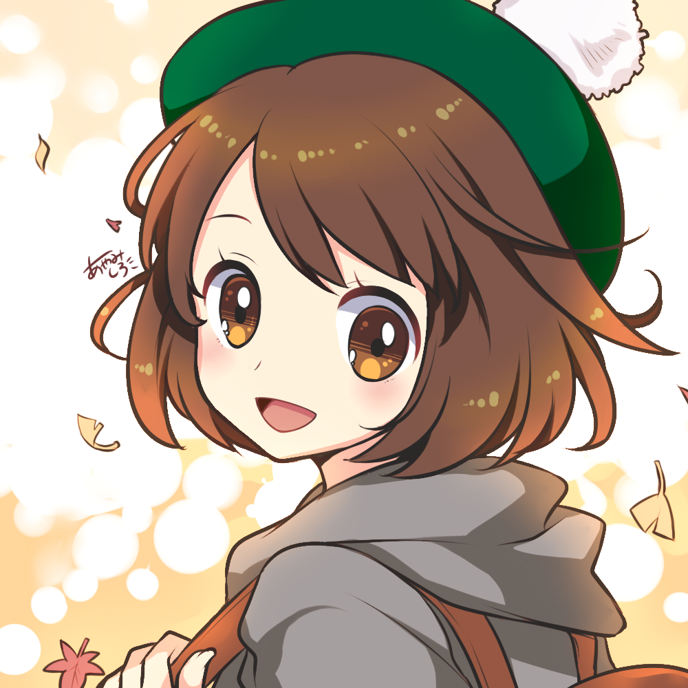 1girl :d autumn_leaves ayamisiro backpack bag bangs blush brown_eyes brown_hair falling_leaves female_protagonist_(pokemon_swsh) from_side green_headwear hood hood_down leaf looking_at_viewer looking_to_the_side open_mouth pokemon pokemon_(game) pokemon_swsh short_hair signature smile solo swept_bangs tam_o'_shanter tareme upper_body