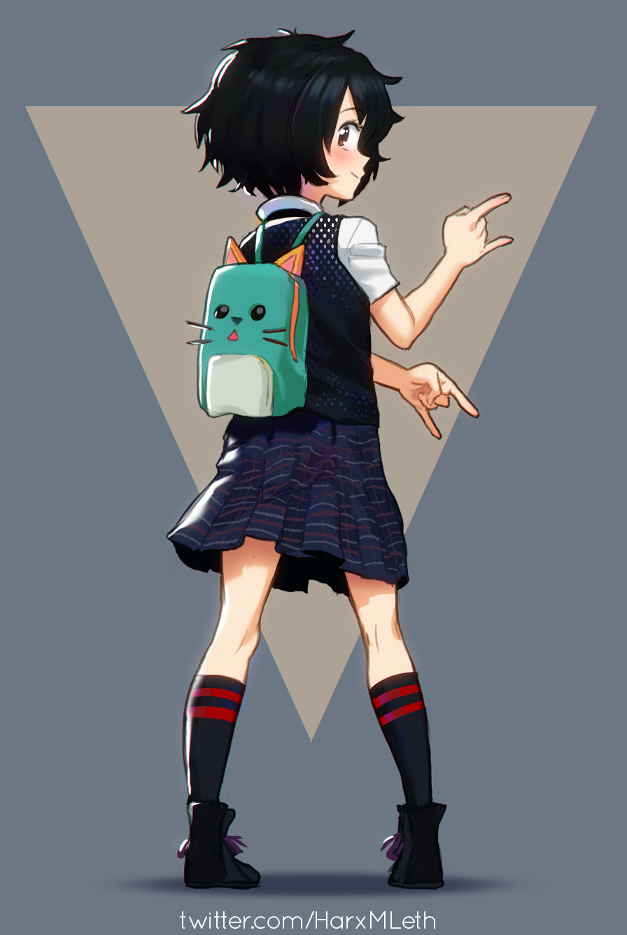 1girl \m/ ankle_boots backpack bag black_hair black_legwear black_neckwear blush boots brown_eyes cat_bag commentary english_commentary from_behind full_body highres kneehighs marvel mathias_leth peni_parker petite pigeon-toed plaid plaid_skirt school_uniform short_hair simple_background skirt solo spider-man:_into_the_spider-verse spider-man_(series) sweater_vest twitter_username watermark web_address