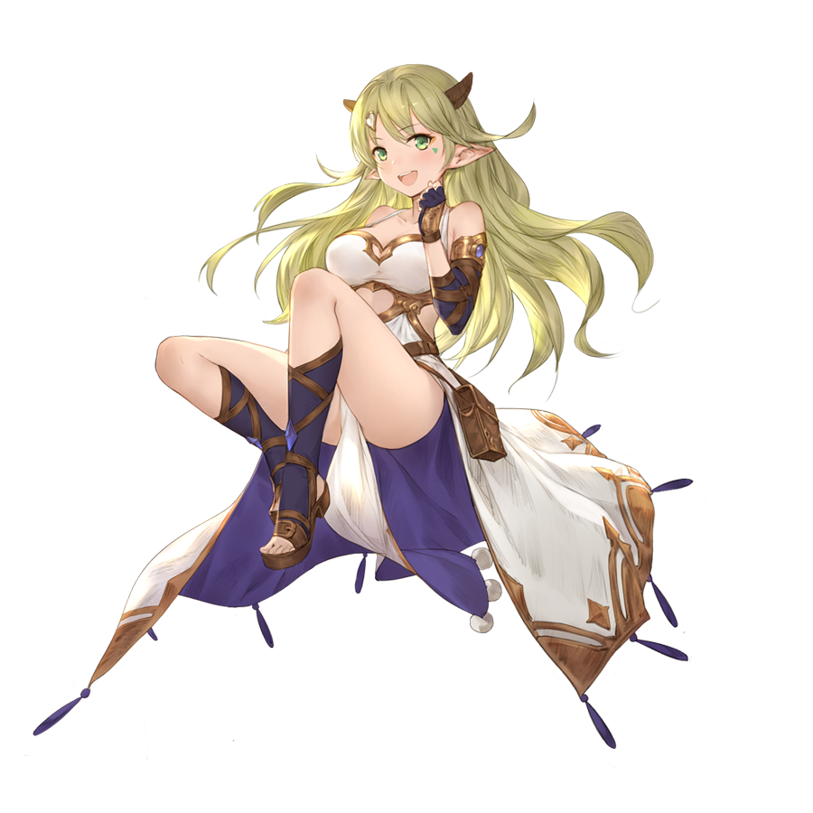 1girl ass bangs bare_shoulders breasts commentary_request eyebrows_visible_through_hair green_eyes green_hair hair_ornament hairclip horns large_breasts long_hair looking_at_viewer original pointy_ears sandals simple_background smile solo upper_teeth white_background yijian_ma