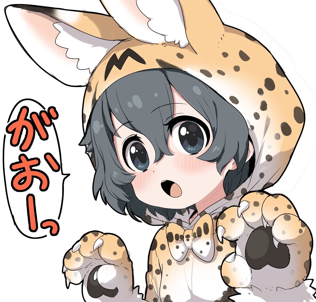 1girl alternate_costume animal_ears black_hair blue_eyes blush bow bowtie claws commentary_request cosplay eyebrows_visible_through_hair fake_animal_ears fur_trim gloves hood hood_up hoodie kaban_(kemono_friends) kemono_friends long_sleeves open_mouth paw_gloves paw_pose paws print_hoodie print_neckwear ransusan serval_(kemono_friends) serval_(kemono_friends)_(cosplay) serval_ears serval_print short_hair solo translated upper_body