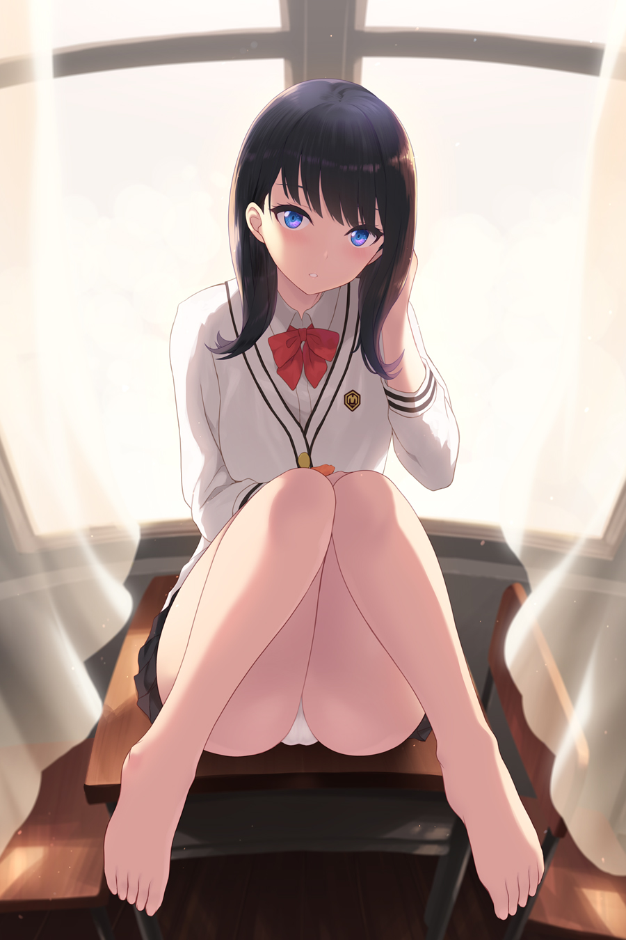 1girl ass backlighting bangs bare_legs barefoot black_hair black_skirt blue_eyes blush bow bowtie breasts cait collared_shirt curtains desk hand_in_hair highres knees_together_feet_apart long_hair long_sleeves looking_at_viewer miniskirt open_mouth orange_scrunchie panties red_bow red_neckwear school_uniform scrunchie shirt sitting skirt small_breasts solo ssss.gridman straight_hair sweater swept_bangs takarada_rikka thighs toes underwear white_panties white_shirt white_sweater window wrist_scrunchie