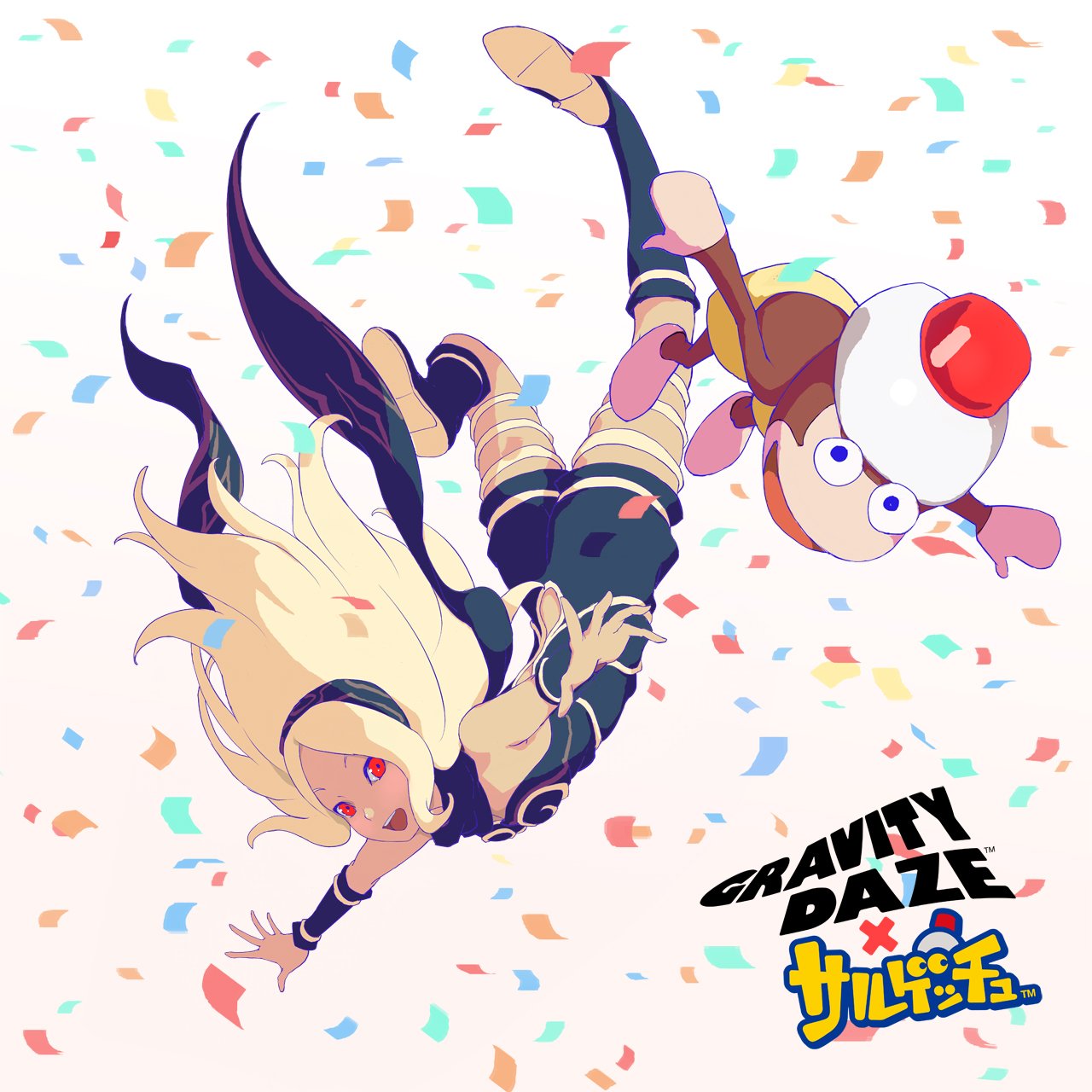 1girl anniversary armlet bangs black_scarf blonde_hair blue_eyes boots breasts commentary_request confetti crossover falling forehead gradient gradient_background gravity_daze hair_blowing hairband headwear high_heel_boots high_heels highres kitten_(gravity_daze) kneehighs leotard logo long_hair looking_at_viewer monkey official_art open_mouth outstretched_arms parted_bangs pink_background red_eyes saitou_shunsuke saru_getchu scarf shorts simple_background small_breasts smile spread_arms strapless upside-down vambraces white_background yellow_shorts