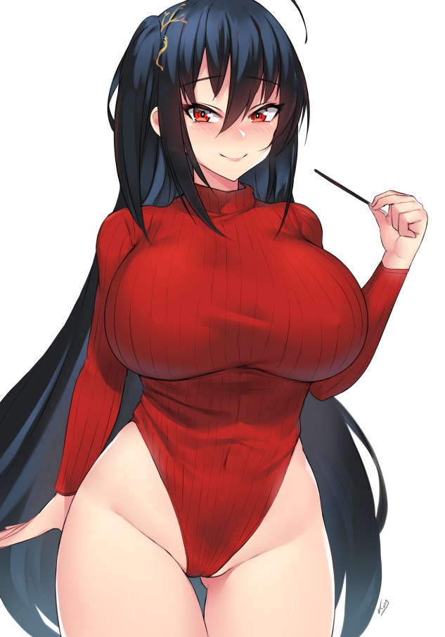 1girl ahoge arm_behind_back ass_visible_through_thighs azur_lane bangs black_hair blush breasts closed_mouth commentary covered_navel covered_nipples cowboy_shot eyebrows_visible_through_hair groin hair_between_eyes hair_ornament hand_up highleg highleg_leotard holding_pocky kuavera large_breasts leotard lips long_hair long_sleeves looking_at_viewer red_eyes red_leotard ribbed_leotard sidelocks signature simple_background smile solo standing taihou_(azur_lane) thigh_gap thighs turtleneck_leotard very_long_hair white_background wide_hips