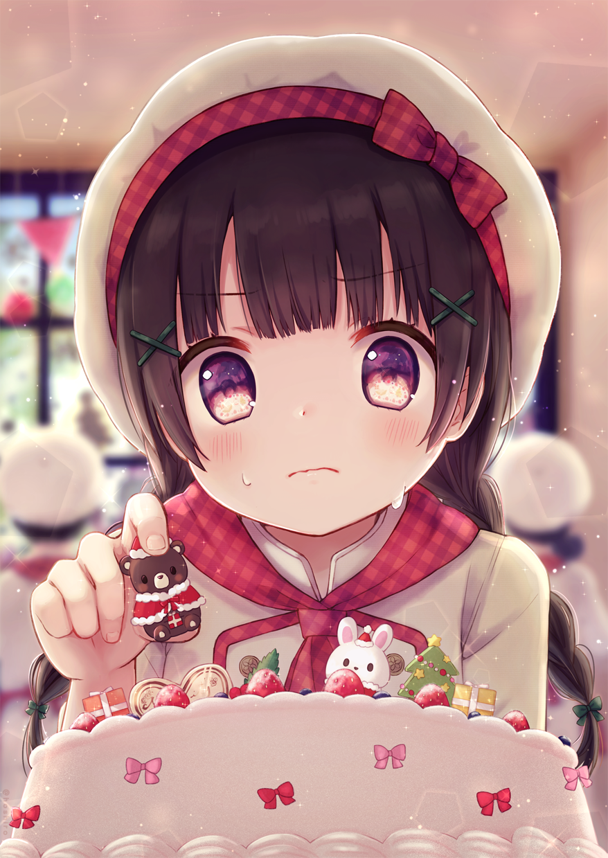 1girl bakery blurry blurry_background blush bow braid brown_hair cake day food frown hair_ornament highres indoors kon_hoshiro original plaid plaid_bow red_bow shop solo_focus standing string_of_flags sweat twin_braids upper_body violet_eyes white_headwear window x_hair_ornament