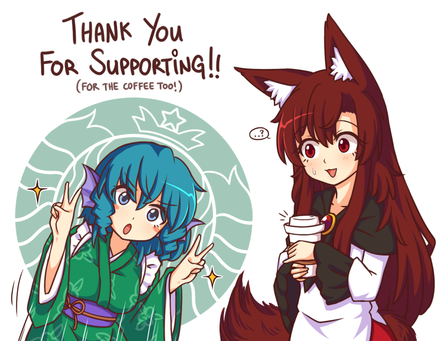 2girls :d ? animal_ear_fluff animal_ears bangs blue_eyes blue_hair blush blush_stickers breasts brooch brown_hair coffee_cup commentary cup disposable_cup double_v dress drill_hair drill_locks english_commentary english_text eyebrows_visible_through_hair eyelashes green_kimono hair_between_eyes hands_up head_fins holding holding_cup imaizumi_kagerou japanese_clothes jewelry kimono long_hair long_sleeves looking_at_another looking_at_viewer medium_breasts mermaid monster_girl multiple_girls obi open_mouth purple_sash red_eyes sash short_hair simple_background smile sparkle spoken_question_mark starbucks sweat tail touhou upper_body v wakasagihime white_background white_dress wide_sleeves wolf_ears wolf_tail wool_(miwol)