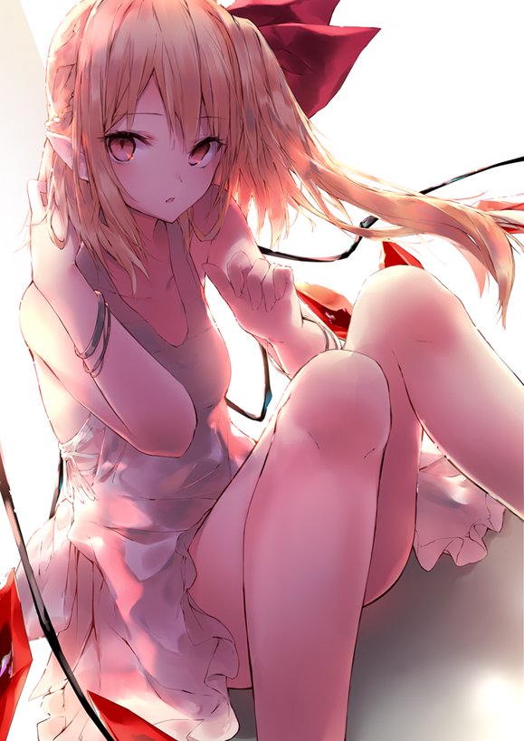 1girl alternate_costume bangs bare_arms bare_legs bare_shoulders blonde_hair bow bracelet crystal dress eyebrows_visible_through_hair feet_out_of_frame flandre_scarlet grey_dress hair_bow hands_up jewelry knees_up long_hair looking_at_viewer no_hat no_headwear one_side_up parted_lips pointy_ears red_bow red_eyes sakusyo shadow short_dress simple_background sitting sleeveless sleeveless_dress solo touhou white_background wings