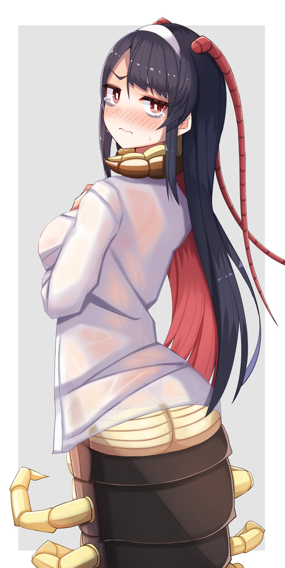 1girl 3: antennae black_hair blush centipede_girl centipede_girl_(plan) commentary_request eyebrows_visible_through_hair from_behind hand_on_own_chest highres long_hair looking_back monster_girl nose_blush original plan_(planhaplalan) red_eyes redhead shirt solo tears wavy_mouth wet wet_clothes wet_shirt white_shirt