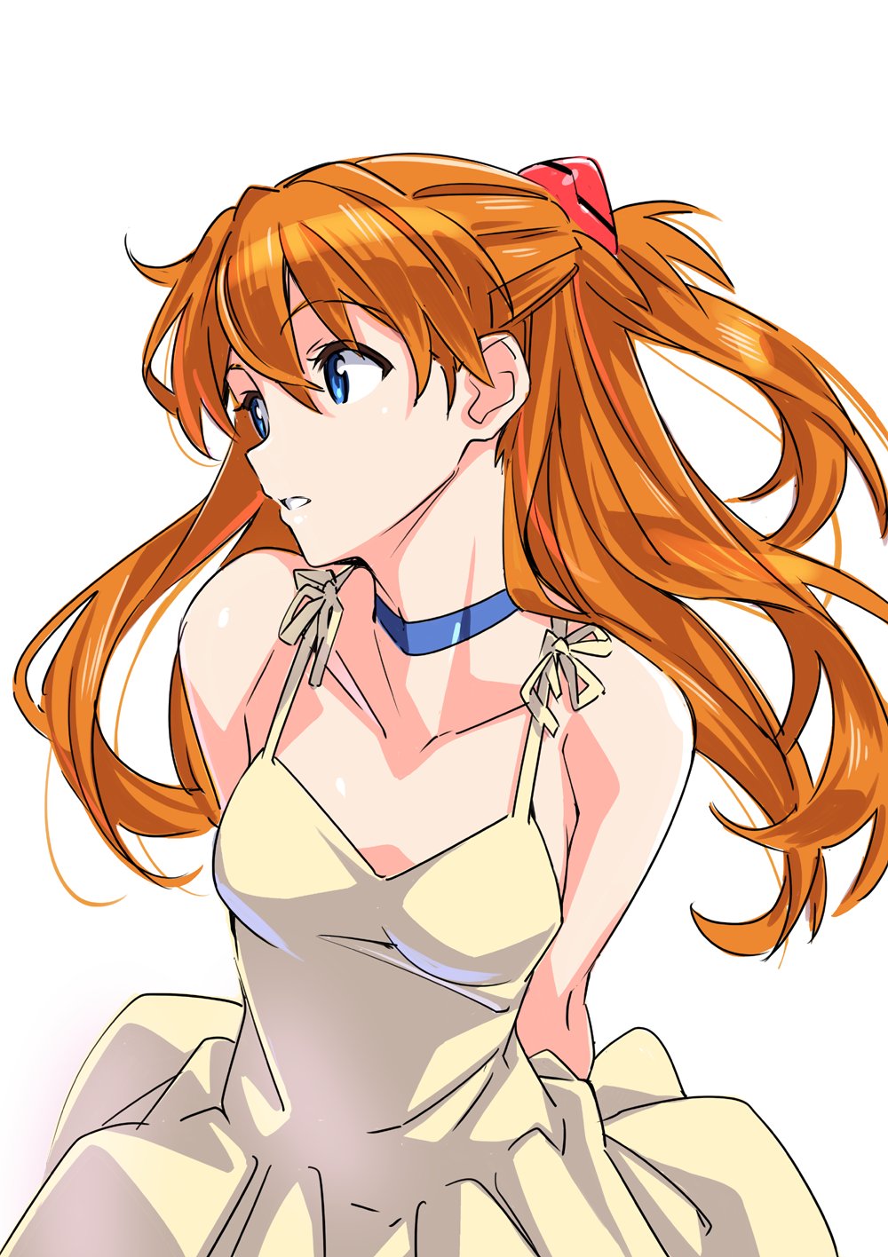 1girl arms_behind_back bangs bare_shoulders blue_eyes breasts choker collarbone dress eyebrows_visible_through_hair hair_between_eyes hair_ornament highres long_hair looking_to_the_side medium_breasts neon_genesis_evangelion orange_hair parted_lips shiny shiny_hair simple_background solo souryuu_asuka_langley sundress suzutsuki_kurara two_side_up upper_body white_background white_dress