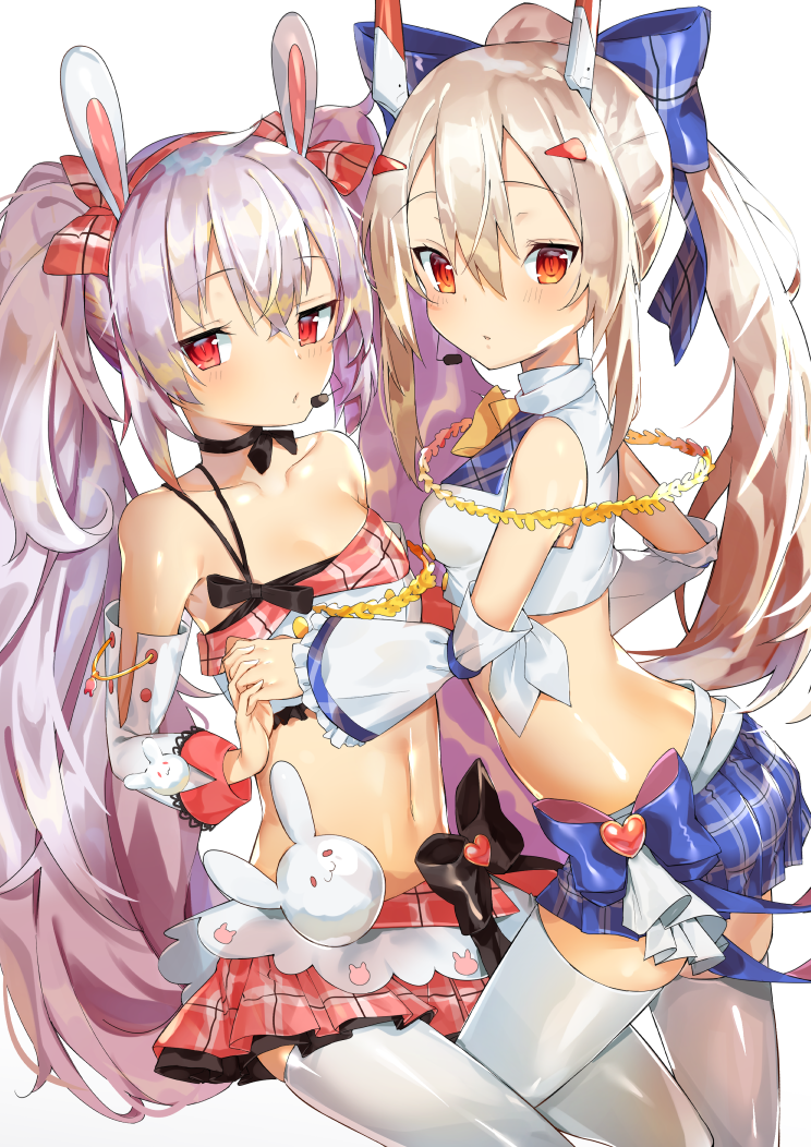 2girls alternate_costume animal_ears ayanami_(azur_lane) ayanami_(troubled_star_idol)_(azur_lane) azur_lane blonde_hair blue_skirt blush bow breasts bunny_ornament collarbone commentary_request cowboy_shot crop_top detached_sleeves eyebrows_visible_through_hair fake_animal_ears hair_between_eyes hair_bow hairband headpiece holding_hands interlocked_fingers laffey_(azur_lane) laffey_(halfhearted_bunny_idol)_(azur_lane) leg_between_thighs long_hair looking_at_viewer microphone midriff miniskirt multiple_girls navel neck_ribbon parted_lips pink_skirt plaid plaid_skirt pleated_skirt ponytail rabbit_ears red_eyes ribbon silver_hair simple_background skirt small_breasts strapless thigh-highs thighs tubetop twintails wakamore_(getguacamole) white_background white_legwear zettai_ryouiki
