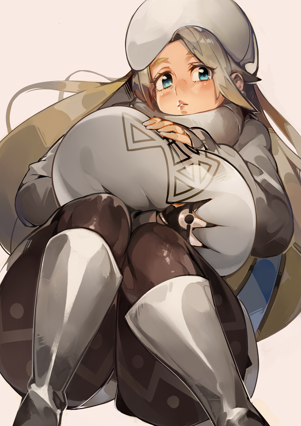 1girl blonde_hair blue_eyes breast_hold breasts commentary_request hat huge_breasts looking_at_viewer luco_san melony_(pokemon) parted_lips pokemon pokemon_(game) pokemon_swsh solo squatting thick_thighs thighs white_footwear white_headwear