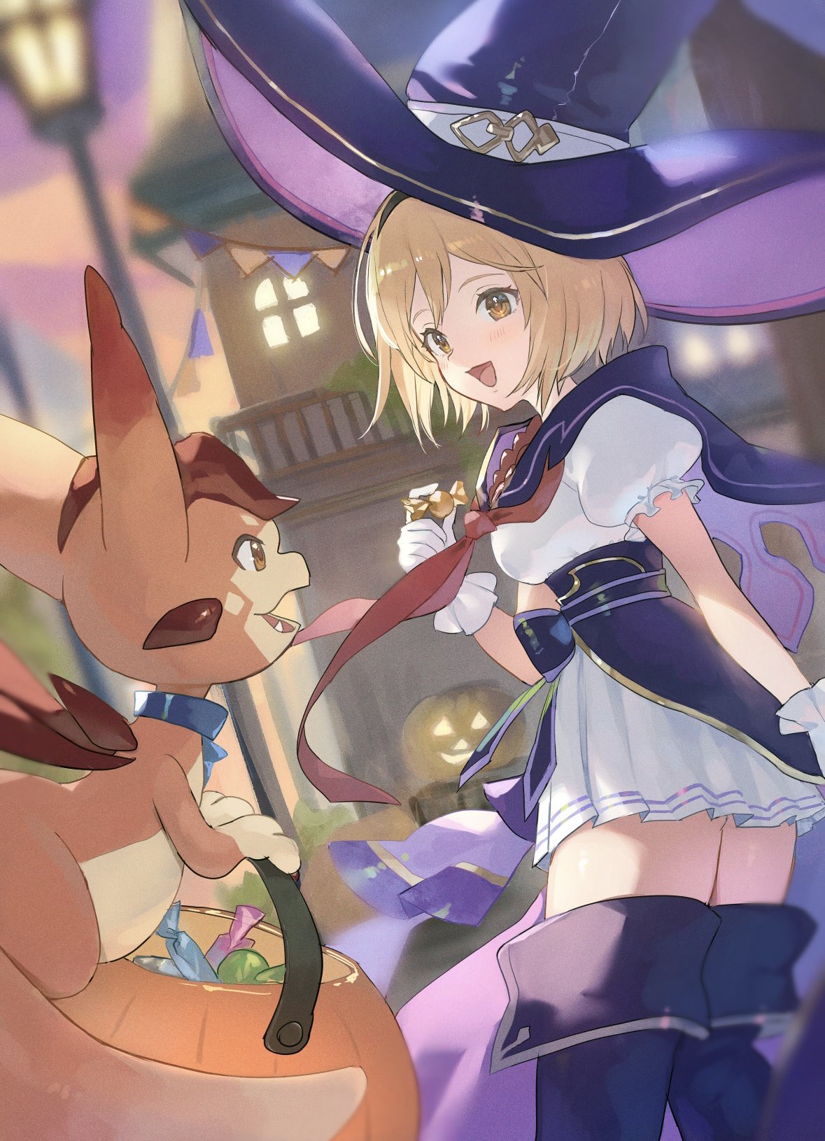 1girl 1other alternate_costume black_capelet black_footwear black_hairband black_headwear blonde_hair boots brown_eyes candy capelet djeeta_(granblue_fantasy) food frilled_gloves frills gloves granblue_fantasy hairband halloween halloween_bucket hat highres holding holding_candy holding_food looking_back medium_hair neckerchief open_mouth puffy_sleeves red_neckerchief shiromimin shirt skirt smile thigh_boots vyrn_(granblue_fantasy) warlock_(granblue_fantasy) white_gloves white_shirt white_skirt witch_hat
