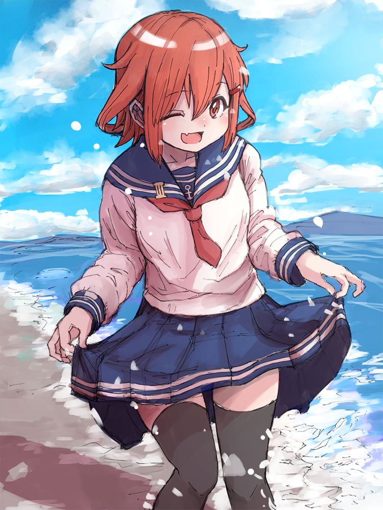 1girl anchor anchor_symbol bangs beach black_legwear blue_skirt blush brown_eyes brown_hair clouds day eyebrows_visible_through_hair fang hair_between_eyes hair_ornament hairclip ikazuchi_(kantai_collection) kantai_collection long_sleeves ocean one_eye_closed open_mouth outdoors pleated_skirt red_neckwear sailor_collar school_uniform serafuku short_hair skin_fang skirt skirt_hold sky solo thigh-highs thighs unagiman water