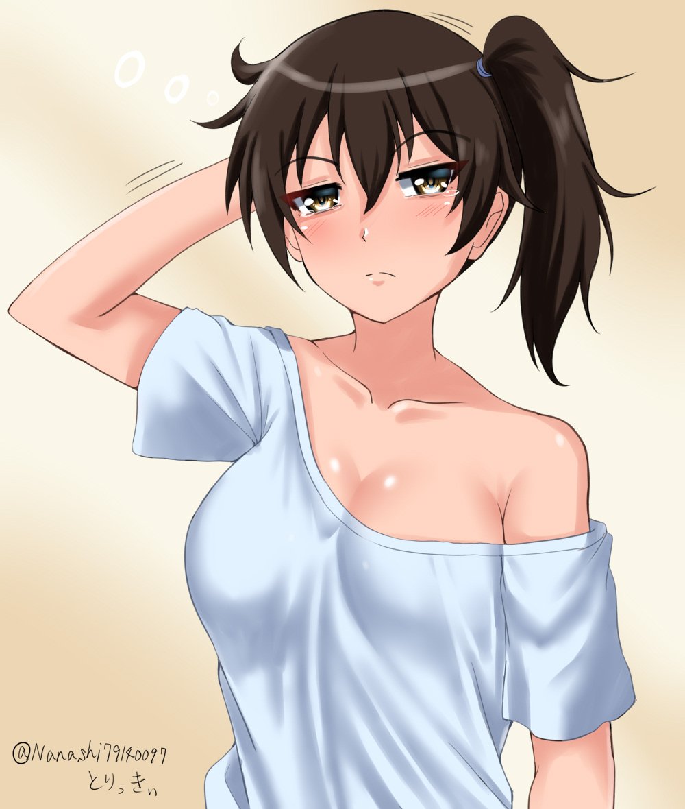 1girl arm_behind_head artist_name brown_eyes brown_hair collarbone commentary_request expressionless kaga_(kantai_collection) kantai_collection long_hair looking_at_viewer off-shoulder_shirt off_shoulder shirt side_ponytail solo t-shirt twitter_username upper_body yellow_background zanntetu