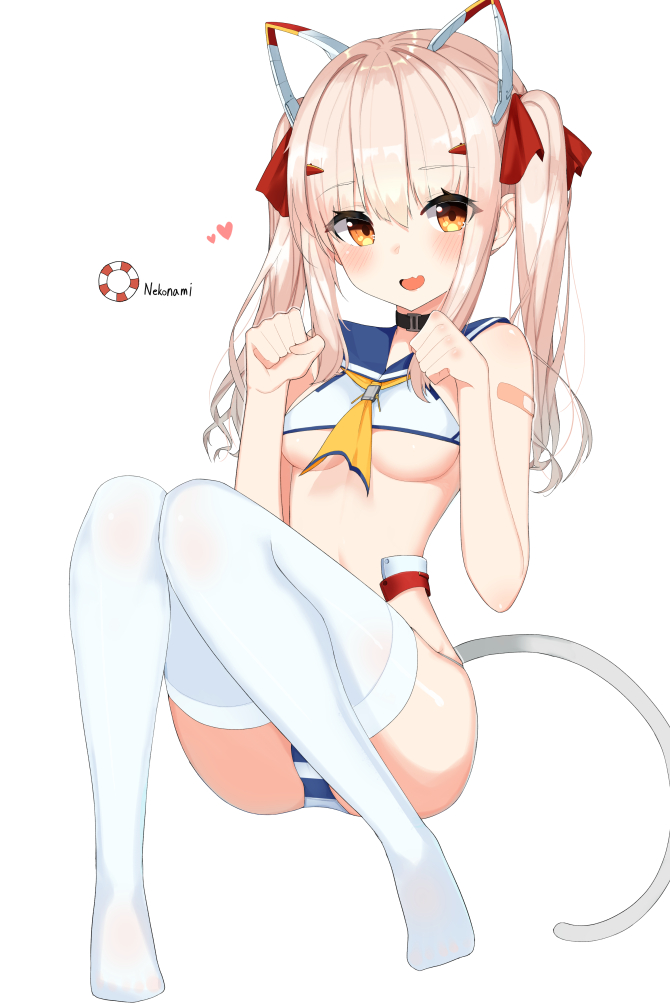 1girl :d animal_ears ascot ass ayanami_(azur_lane) azur_lane bandaid bandaid_on_arm blue_sailor_collar breasts brown_hair cat_tail choker crop_top fake_animal_ears fang hair_ornament hair_ribbon hands_up long_hair looking_at_viewer medium_breasts no_bra no_pants no_shoes open_mouth orange_eyes panties paw_pose retrofit_(azur_lane) ribbon sailor_collar shirt sidelocks simple_background sleeveless sleeveless_shirt smile solo stomach striped striped_panties tail thigh-highs twintails under_boob underwear w.k white_background white_legwear white_shirt yellow_neckwear