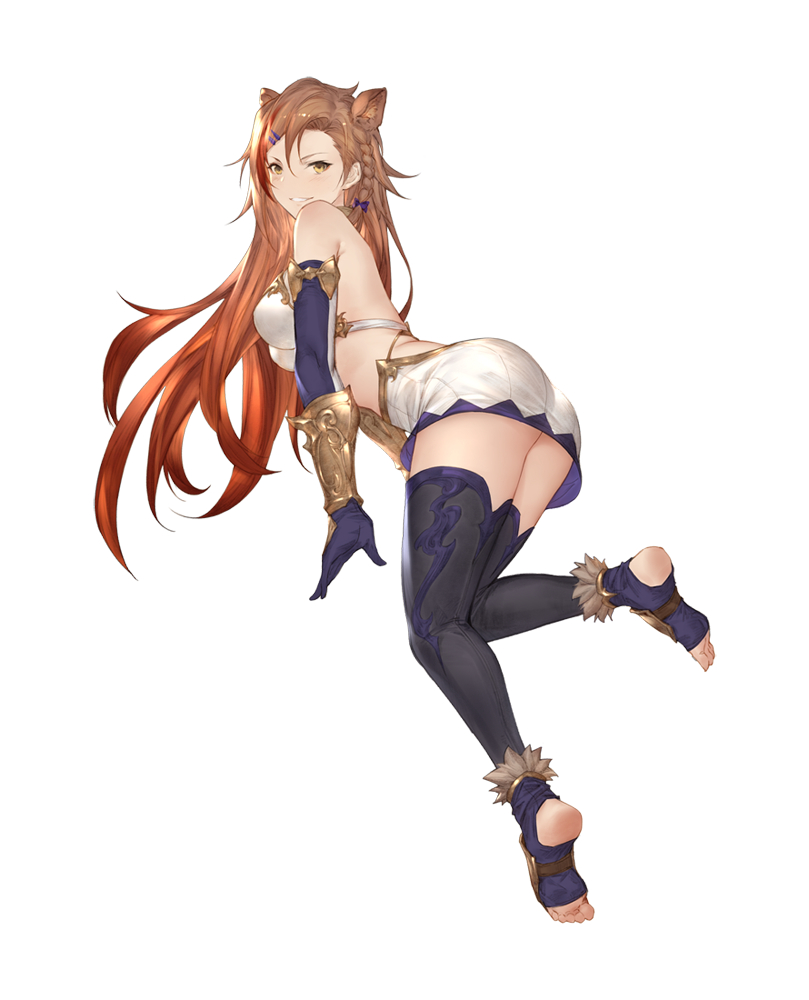 1girl animal_ears ass bare_shoulders blue_bow bow braid breasts brown_hair extra_ears feet from_side hair_ornament hairclip large_breasts long_hair long_sleeves looking_at_viewer original purple_legwear simple_background skirt smile solo tagme thigh-highs white_background white_skirt yijian_ma