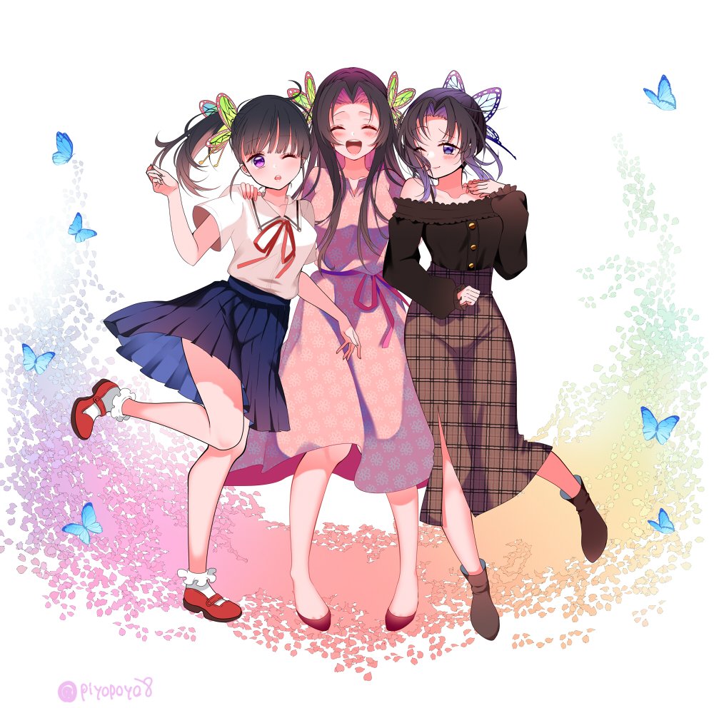 3girls alternate_costume bangs bare_legs black_hair blue_butterfly blue_skirt blush boots breasts brown_footwear bug butterfly butterfly_hair_ornament cherry_blossoms closed_eyes contemporary dress floral_print gradient_hair hair_ornament hug insect kimetsu_no_yaiba kochou_kanae kochou_shinobu long_hair long_sleeves looking_at_another looking_at_viewer medium_breasts multicolored_hair multiple_girls neck_ribbon off-shoulder_shirt off_shoulder one_eye_closed open_mouth parted_bangs petals pink_dress pink_hair piyopoyo plaid plaid_skirt pleated_skirt purple_hair red_footwear red_neckwear ribbon sailor_collar shirt shoes short_hair short_sleeves siblings side_ponytail sisters skirt smile socks thighs tsuyuri_kanao twitter_username two-tone_hair violet_eyes white_background white_shirt