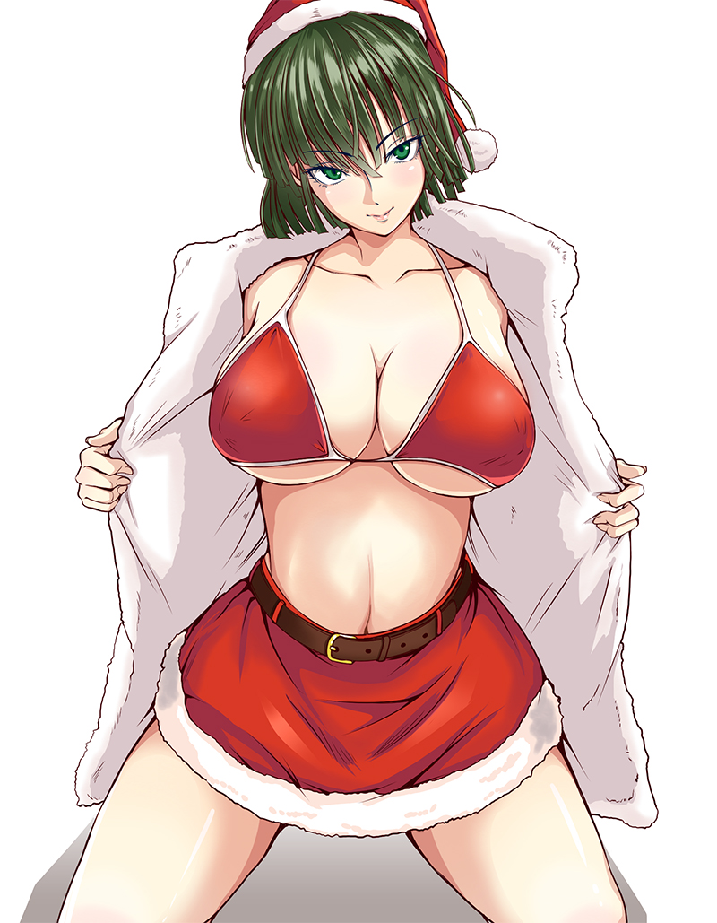 1girl blush breasts christmas eyebrows_visible_through_hair fubuki_(one-punch_man) fur-trimmed_skirt green_eyes green_hair hat jacket kawa large_breasts looking_at_viewer one-punch_man red_bikini_top red_skirt santa_hat shiny shiny_skin short_hair simple_background skirt smile solo white_background white_jacket