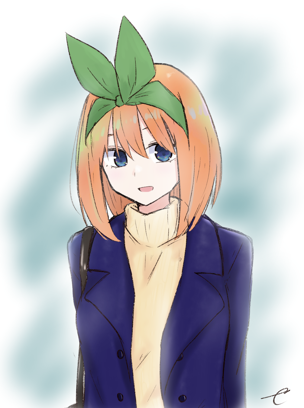 1girl :d bag bangs blue_eyes blue_jacket brown_sweater eyebrows_behind_hair go-toubun_no_hanayome green_ribbon hair_between_eyes hair_ribbon highres jacket kujou_karasuma nakano_yotsuba open_clothes open_jacket open_mouth orange_hair ribbon shoulder_bag signature smile solo sweater turtleneck turtleneck_sweater upper_body