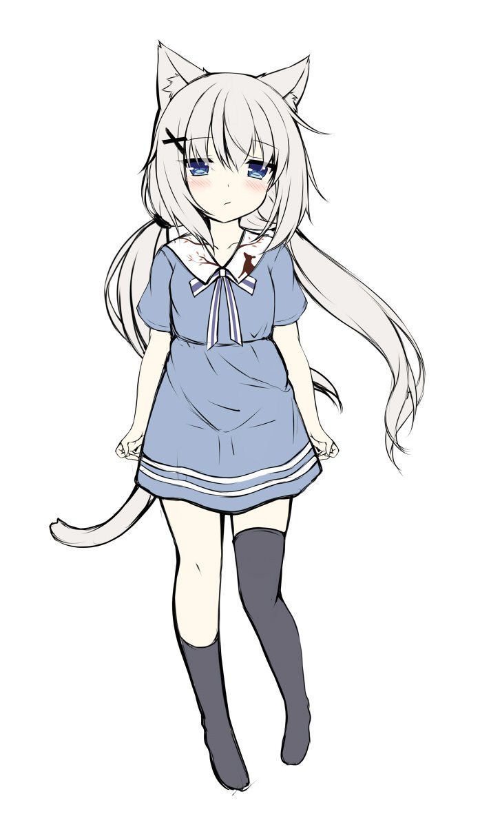 1girl animal_ear_fluff animal_ears asymmetrical_legwear bangs black_legwear blue_dress blue_eyes blush cat_ears cat_girl cat_tail closed_mouth collared_dress commentary_request copyright_request dress eyebrows_visible_through_hair full_body grey_hair hair_between_eyes hair_ornament highres long_hair low_twintails no_shoes sakuraba_hikaru_(loveindog) short_sleeves simple_background single_sock single_thighhigh socks solo standing tail thigh-highs twintails very_long_hair white_background x_hair_ornament