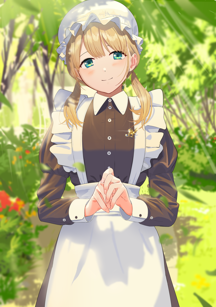 1girl apron bangs blonde_hair blush brown_dress closed_mouth collared_dress commentary_request cowboy_shot day dress fingernails glint green_eyes hat highres juliet_sleeves light_rays long_hair long_sleeves looking_at_viewer low_twintails maid mob_cap original outdoors own_hands_together poligon_(046) puffy_sleeves smile solo sunbeam sunlight tree twintails white_apron white_headwear