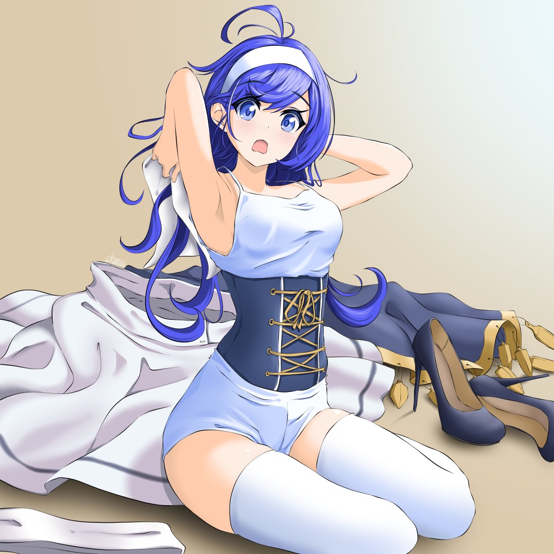 1girl ahoge blue_eyes blue_hair blush breasts chaesu clothes_removed dress embarrassed hairband high_heels huge_ahoge long_hair looking_at_viewer medium_breasts open_mouth orie_(under_night_in-birth) solo thigh-highs under_night_in-birth undressing very_long_hair white_hairband white_legwear