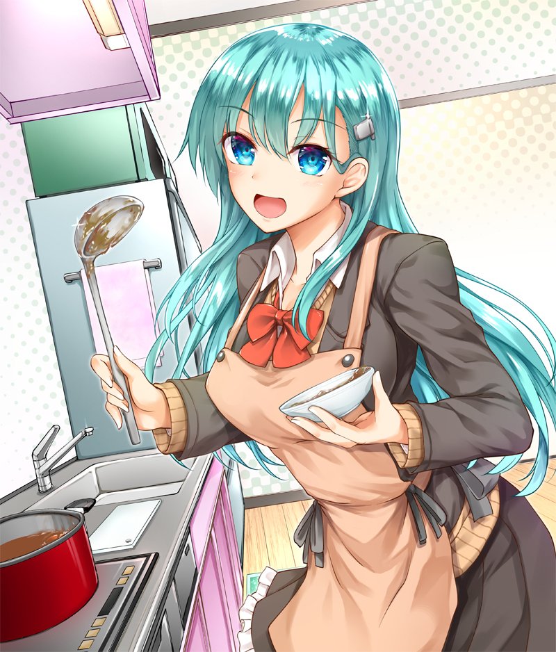 1girl :d akizuki_akina apron aqua_hair blazer blue_eyes blush bow bowl bowtie breasts collared_shirt cooking hair_ornament hairclip holding holding_bowl holding_ladle jacket kantai_collection kitchen large_breasts long_hair long_sleeves looking_at_viewer open_mouth petticoat pleated_skirt red_neckwear remodel_(kantai_collection) school_uniform shirt skirt smile solo suzuya_(kantai_collection) vest