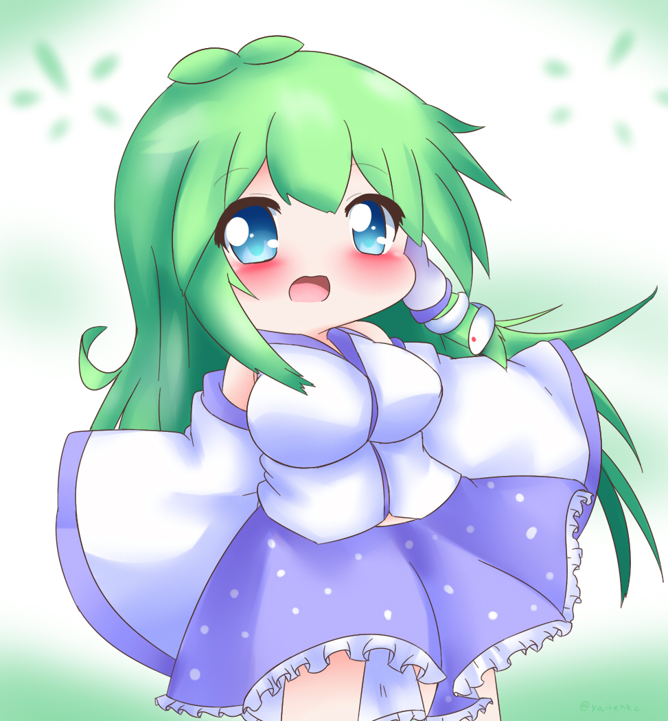 1girl ahoge blue_eyes blue_skirt blurry blurry_background blush breasts chibi commentary cowboy_shot detached_sleeves eyebrows_visible_through_hair gradient gradient_background green_background green_hair hair_ornament hair_tubes kochiya_sanae large_breasts looking_at_viewer nontraditional_miko open_mouth outstretched_arms petticoat shirt sidelocks skirt snake_hair_ornament solo spread_arms standing touhou twitter_username white_background white_shirt yairenko