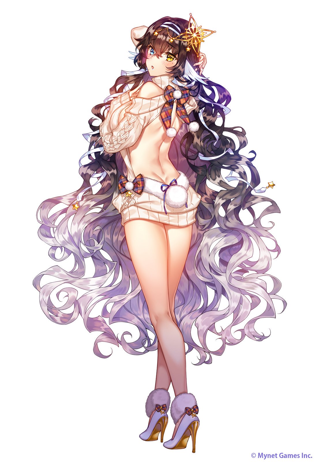 1girl :o age_of_ishtaria ass back backless_dress backless_outfit bangs bare_legs bare_shoulders beige_sweater black_hair blue_eyes blush breasts brown_hair bunny_tail butt_crack dress eyebrows_visible_through_hair fake_tail frau_holle from_behind full_body hair_ornament hair_ribbon halterneck hand_behind_head hand_up headband high_heels highres large_breasts long_hair looking_at_viewer looking_back lu_hpink mole mole_under_eye multicolored_hair official_art ribbed_sweater ribbon sideboob sidelocks silver_hair solo standing star star_hair_ornament sweater sweater_dress tail thighs turtleneck turtleneck_sweater very_long_hair watermark wavy_hair white_footwear yellow_eyes