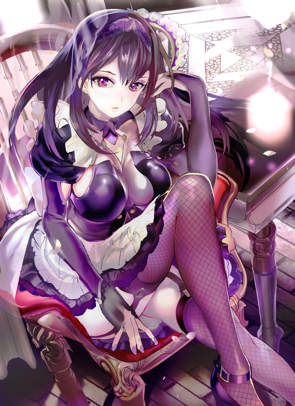 119 1girl breasts chair eyeliner fate/grand_order fate_(series) fishnet_legwear fishnets garter_straps high_heels highres long_hair maid_headdress makeup parted_lips purple_footwear purple_hair purple_legwear purple_nails revision scathach_(fate)_(all) scathach_skadi_(fate/grand_order) sitting sleeves_past_wrists solo table thigh-highs violet_eyes