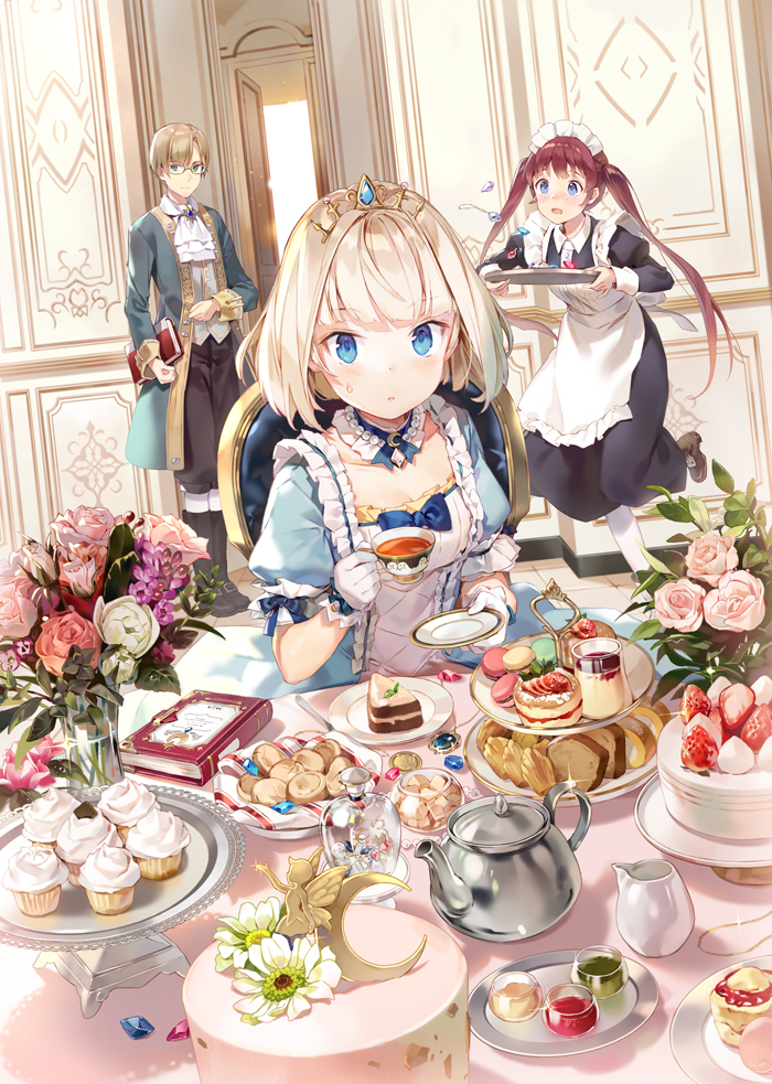 apron blonde_hair blue_dress blue_eyes book boots bow bread brown_hair cake chair clumsy cookie copyright_request cupcake diadem door dress flower food fruit gem gilse glasses kettle long_hair looking_at_viewer maid maid_apron maid_dress maid_headdress muffin plate rose short_hair strawberry table tablecloth tea teapot tiles