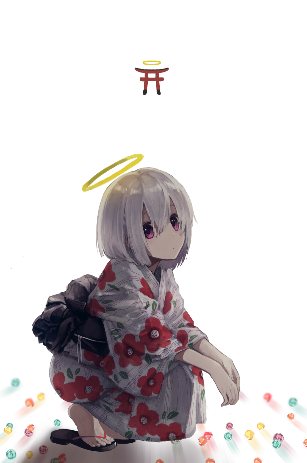 1boy bangs black_footwear closed_mouth floral_print full_body hair_between_eyes halo highres japanese_clothes kimono long_sleeves looking_at_viewer male_focus obi original print_kimono sash solo squatting toenails torii violet_eyes white_background white_hair white_kimono white_nails wide_sleeves yumegi_(bitter_orange215) zouri