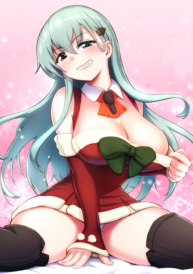 1girl aqua_eyes aqua_hair between_legs black_legwear breasts christmas_tree_hair_ornament commentary_request detached_collar detached_sleeves dress fur-trimmed_dress h_(hhhhhh4649) hair_ornament hairclip hand_between_legs kantai_collection large_breasts long_hair red_dress santa_dress short_dress sitting sleeveless sleeveless_dress solo suzuya_(kantai_collection) thigh-highs wariza