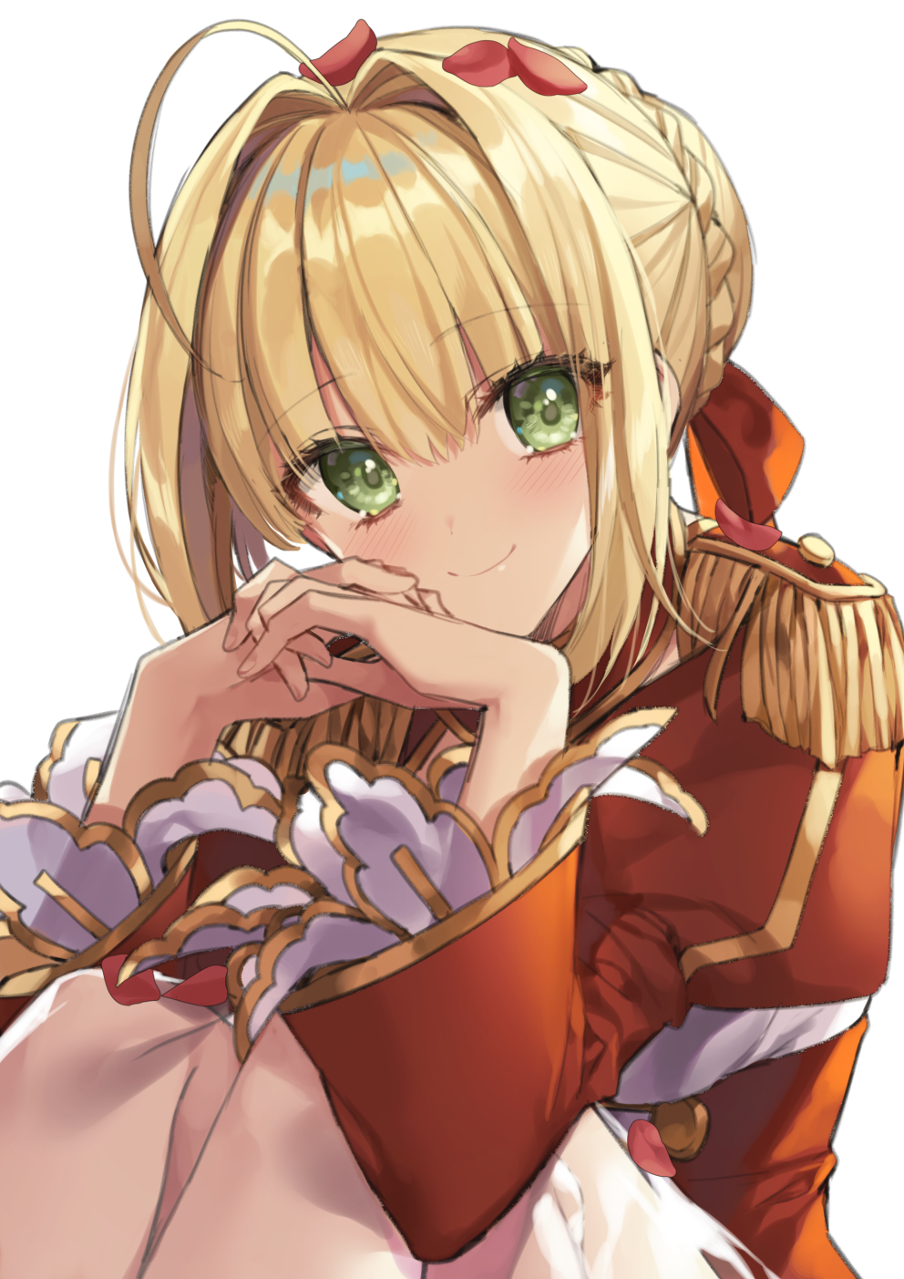 1girl ahoge bangs blonde_hair blush braid breasts closed_mouth dress epaulettes fate/extra fate/grand_order fate_(series) french_braid gambe green_eyes hair_between_eyes hair_bun hair_intakes hair_ribbon highres knees_up large_breasts long_hair long_sleeves looking_at_viewer nero_claudius_(fate) nero_claudius_(fate)_(all) petals red_dress red_ribbon ribbon simple_background sitting smile solo white_background