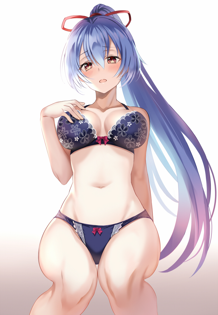 1girl :o arm_behind_back bangs bare_arms bare_shoulders blue_hair blush bow bow_bra bow_panties bra eyebrows_visible_through_hair fate/grand_order fate_(series) hair_between_eyes hair_ribbon hand_on_own_chest harimoji invisible_chair lace lace-trimmed_bra lace-trimmed_panties lingerie looking_at_viewer looking_back navel open_mouth panties ponytail red_ribbon ribbon sitting thigh-highs tomoe_gozen_(fate/grand_order) underwear underwear_only yellow_eyes