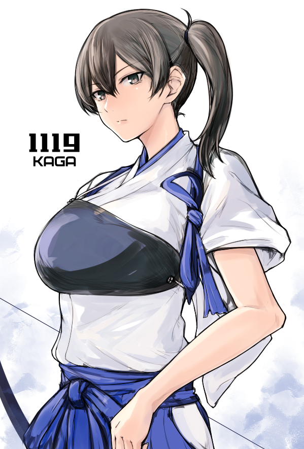 1girl bangs blush bow_(weapon) breasts brown_eyes brown_hair character_name closed_mouth dated hakama japanese_clothes kaga_(kantai_collection) kantai_collection kukurus lips muneate ponytail short_sleeves side_ponytail simple_background solo tasuki weapon white_background