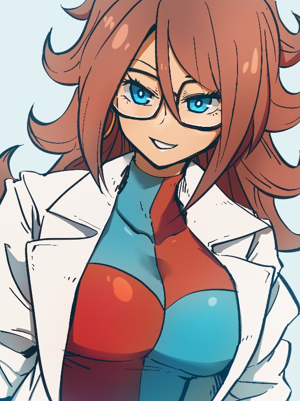 1girl android android_21 black-framed_eyewear blue_eyes breasts brown_hair checkered checkered_dress curly_hair dragon_ball dragon_ball_fighterz dress earrings glasses hoop_earrings jewelry kemachiku labcoat large_breasts long_hair looking_at_viewer smile solo