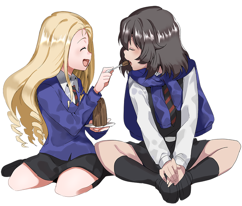 andou_(girls_und_panzer) bangs bc_freedom_school_uniform black_hair blonde_hair dark_skin feeding girls_und_panzer long_hair marie_(girls_und_panzer) medium_hair messy_hair oono_imo school_uniform smile sweater sweater_around_neck