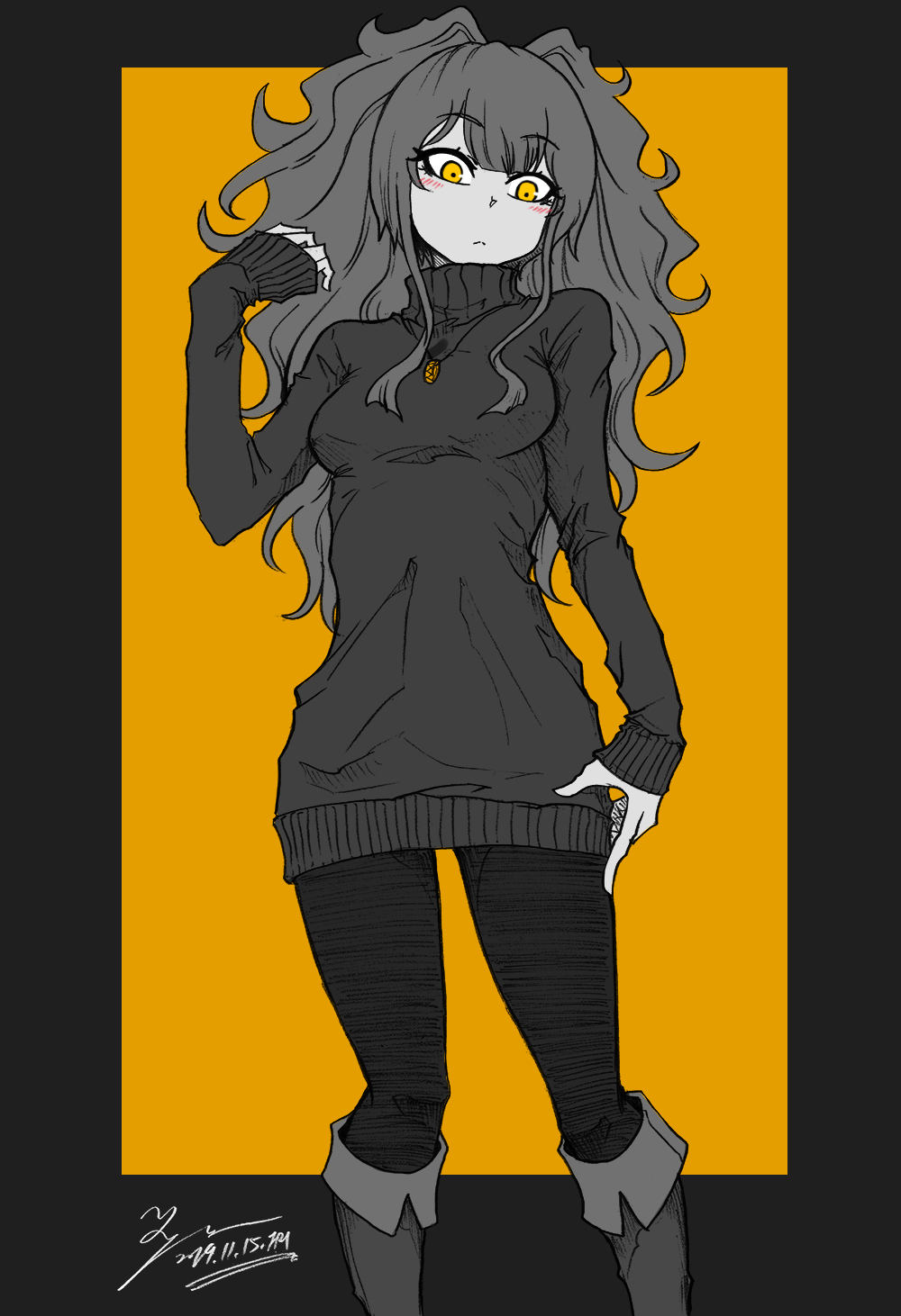 1girl girls_frontline graphite_(medium) grey_hair highres long_hair m950a_(girls_frontline) monochrome pantyhose sleeves_past_wrists solo sweater traditional_media tryvor yellow_eyes