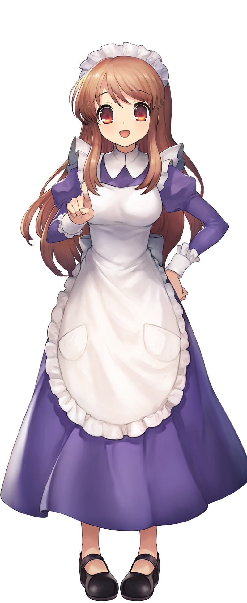 1girl apron artist_request asahina_mikuru breasts brown_eyes eyebrows_visible_through_hair full_body hand_on_hip highres long_hair long_sleeves looking_at_viewer maid maid_apron maid_dress official_art open_mouth pointing pointing_at_viewer shadowverse shoes smile solo suzumiya_haruhi_no_yuuutsu transparent_background