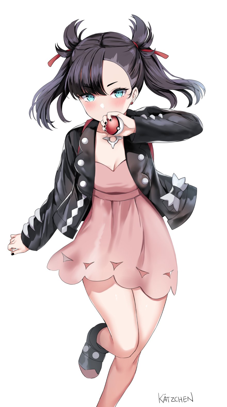 1girl asymmetrical_bangs asymmetrical_hair bangs black_footwear black_hair black_jacket black_nails blue_eyes blush breasts dress hair_ribbon highres holding holding_poke_ball jacket kaetzchen large_breasts long_hair long_sleeves looking_at_viewer mary_(pokemon) open_clothes open_jacket pink_dress poke_ball pokemon pokemon_(game) pokemon_swsh red_ribbon ribbon simple_background solo thighs twintails undercut white_background