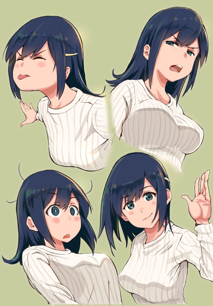 1girl bangs blue_eyes blue_hair blush breasts closed_eyes eyebrows_visible_through_hair grey_background highres ho_(h_k_white) kantai_collection large_breasts long_hair long_sleeves messy_hair multiple_views open_mouth ribbed_sweater simple_background smile solo souryuu_(kantai_collection) sweater tongue tongue_out upper_body waving white_sweater