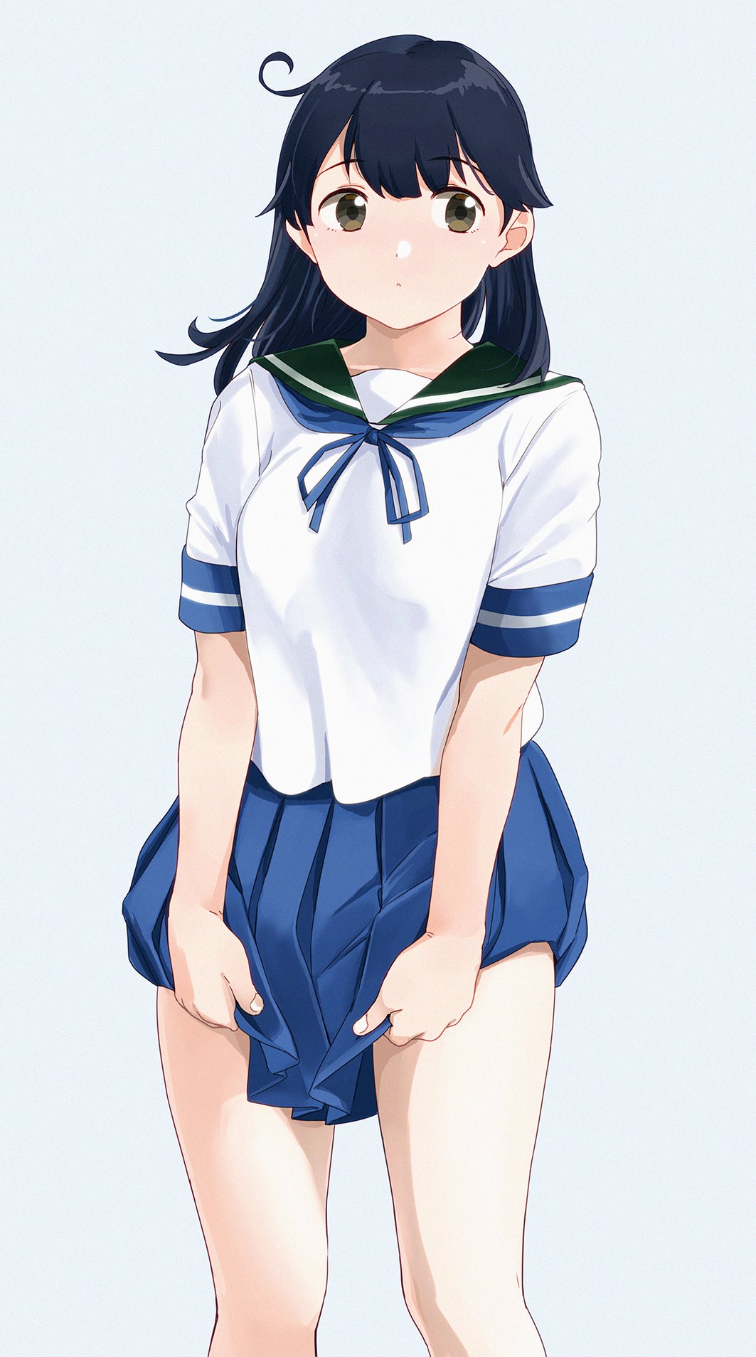 1girl ahoge bangs blue_background blue_hair blue_neckwear blue_skirt breasts brown_eyes closed_mouth eyebrows_visible_through_hair green_sailor_collar highres kantai_collection long_hair medium_breasts neck_ribbon ojipon pleated_skirt ribbon sailor_collar school_uniform serafuku short_sleeves simple_background skirt solo ushio_(kantai_collection)