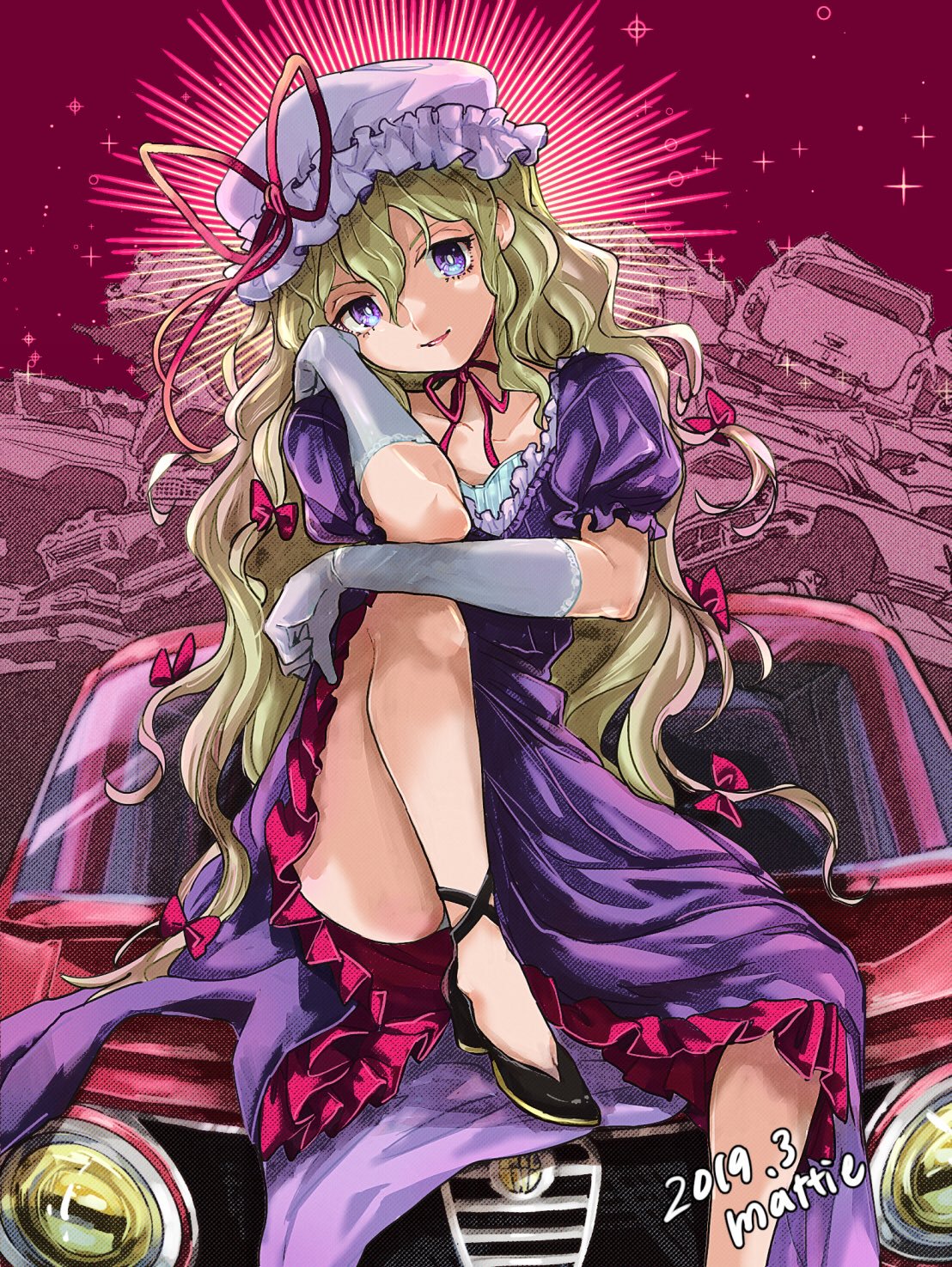 1girl artist_name black_footwear bow car chin_strap collarbone commentary_request dated dress elbow_gloves gloves ground_vehicle hair_bow hat hat_ribbon headlight highres junkyard looking_at_viewer mattie mob_cap motor_vehicle on_vehicle petticoat pointy_shoes puffy_short_sleeves puffy_sleeves purple_dress red_bow red_ribbon ribbon shoes short_sleeves solo touhou violet_eyes white_gloves yakumo_yukari
