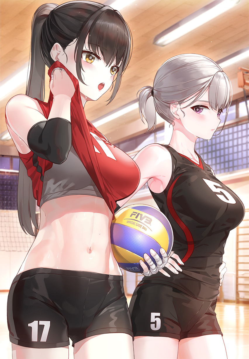 :o ball bare_shoulders black_hair black_shorts blush breasts ceiling_light clothes_lift commentary_request cowboy_shot elbow_pads gym hair_tie hand_on_hip highres holding holding_ball indoors kfr large_breasts lifted_by_self long_hair looking_at_viewer navel number open_mouth original ponytail shorts sidelocks silver_hair sleeveless stomach sweat toned violet_eyes volleyball volleyball_net wiping_sweat yellow_eyes