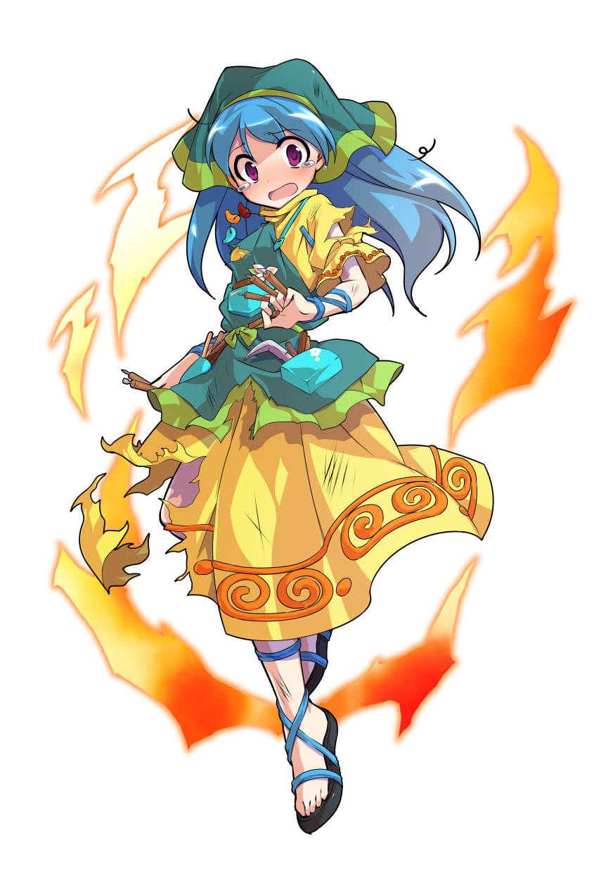 1girl alphes_(style) apron aqua_apron arm_ribbon between_fingers blue_hair blue_ribbon chisel dairi dress eyebrows_visible_through_hair fire full_body green_headwear haniyasushin_keiki head_scarf highres jewelry long_hair looking_at_viewer magatama magatama_necklace necklace open_mouth parody pocket puffy_short_sleeves puffy_sleeves ribbon sandals short_sleeves solo style_parody tachi-e tears tools torn_clothes torn_dress touhou transparent_background violet_eyes wood_carving_tool yellow_dress