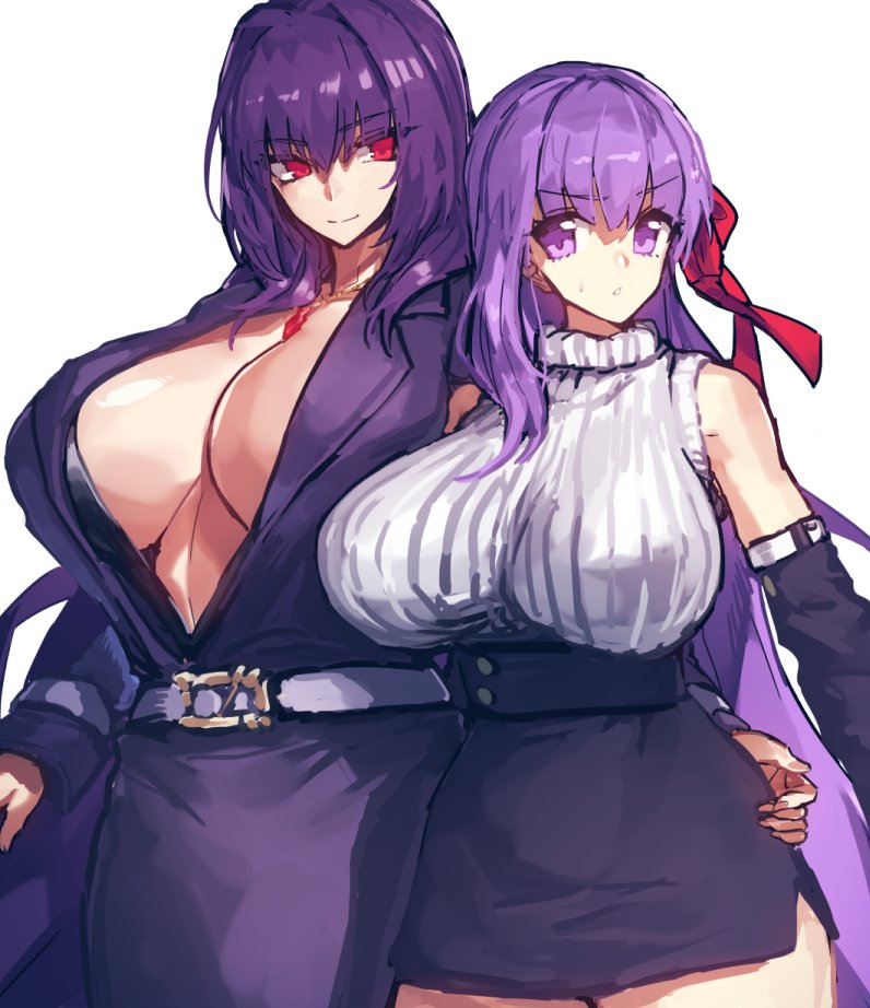 2girls bangs bb_(fate)_(all) bb_(fate/extra_ccc) belt black_dress black_skirt breasts center_opening closed_mouth collared_dress contemporary detached_sleeves dress fate/extra fate/extra_ccc fate/grand_order fate_(series) hair_between_eyes hair_ribbon high-waist_skirt jewelry large_breasts long_hair long_sleeves melon22 multiple_girls necklace open_mouth pencil_skirt pendant purple_hair red_eyes red_ribbon ribbed_sweater ribbon scathach_(fate)_(all) scathach_(fate/grand_order) simple_background skirt sleeveless sleeveless_turtleneck smile sweater turtleneck very_long_hair violet_eyes white_background