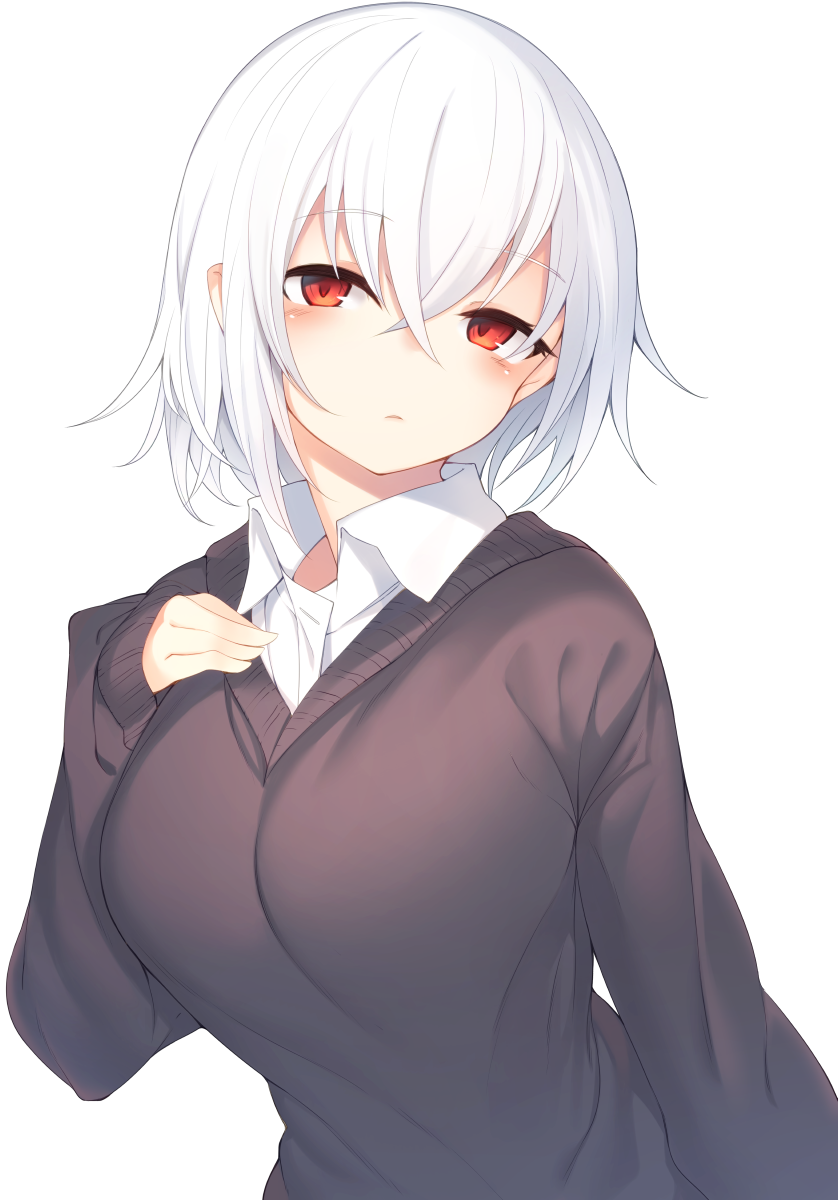 1girl black_sweater blush breasts check_character check_copyright commentary_request eyebrows_visible_through_hair hair_between_eyes highres long_sleeves looking_at_viewer original otokuyou shirt short_hair simple_background sleeves_past_wrists solo sweater upper_body white_background white_hair white_shirt