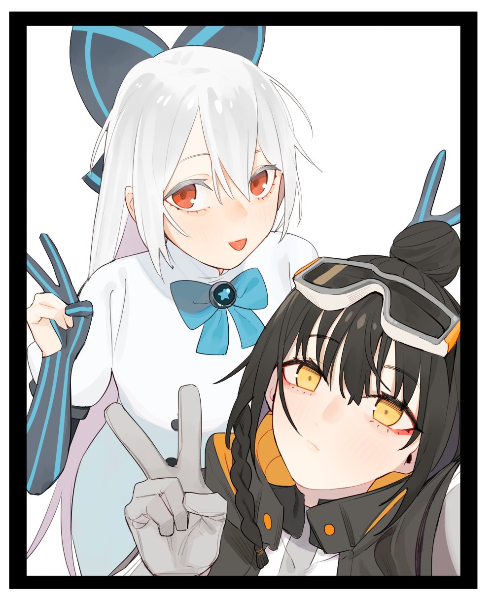 2girls :p bangs black_hair blush bow braid breasts caws_(girls_frontline) coat double_v dress elbow_gloves eyebrows_visible_through_hair girls_frontline gloves goggles hair_between_eyes hair_bow highres hood hood_down juliet_sleeves juz long_hair long_sleeves looking_at_viewer makeup medium_breasts multiple_girls open_clothes open_coat puffy_sleeves red_eyes self_shot short_hair sidelocks silver_hair striped tokarev_(girls_frontline) tongue tongue_out topknot v yellow_eyes