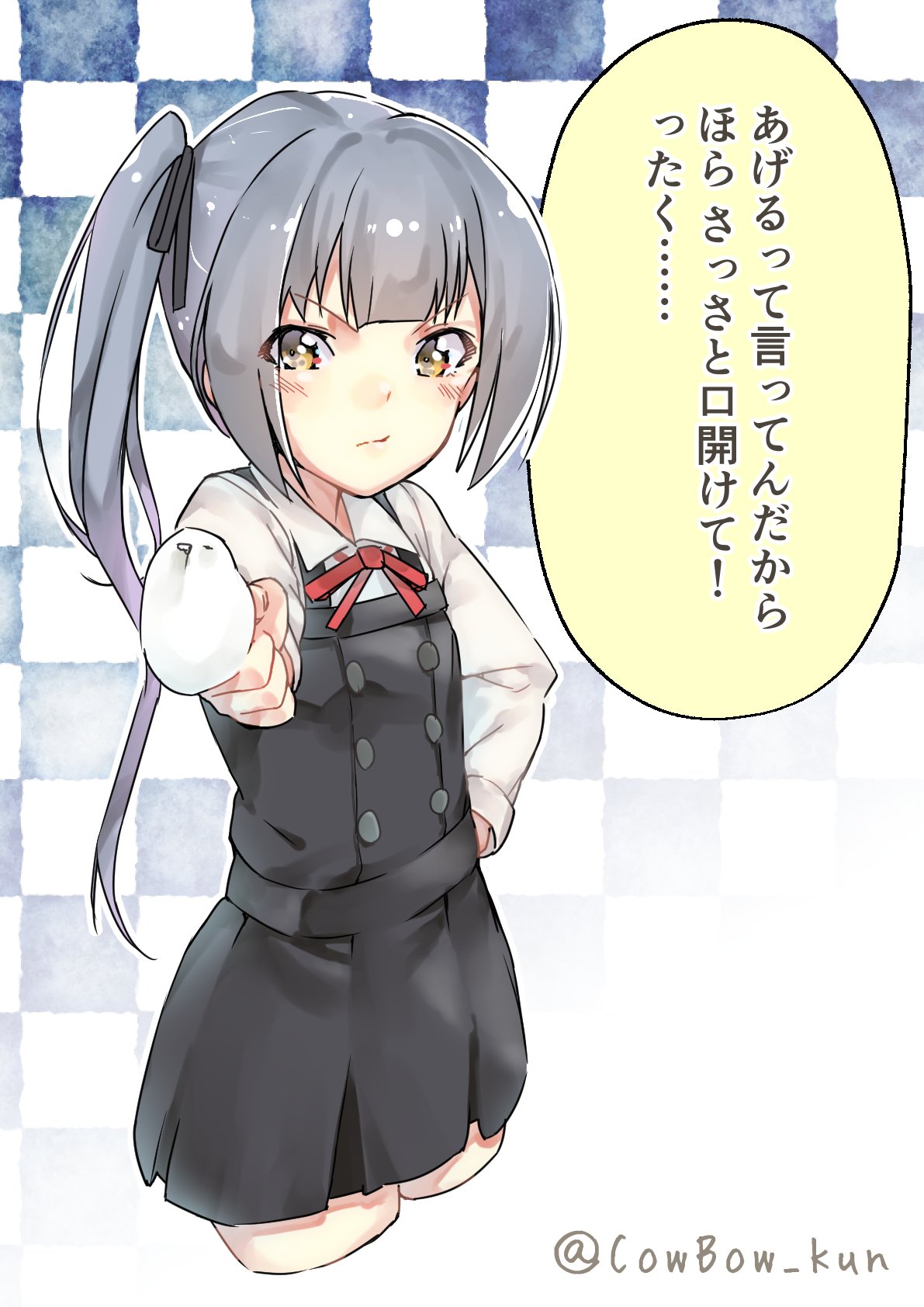 1girl belt brown_eyes checkered checkered_background commentary_request cowboy_shot dress food grey_hair hair_ribbon hand_on_hip highres kantai_collection kasumi_(kantai_collection) koubou_(cowbow_kun) long_hair long_sleeves looking_at_viewer neck_ribbon pinafore_dress popsicle remodel_(kantai_collection) ribbon school_swimsuit shirt side_ponytail solo swimsuit translation_request white_shirt
